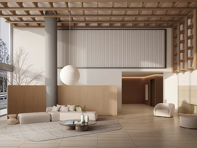 Reception Area Featuring Wooden Ceiling Pendant Light Striped Screen Sofa and Coffee Table 3d model