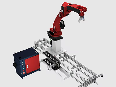 Intelligent Robotic Machine With Red Robotic Arm Control Cabinet And Track System 3d model