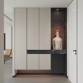 Modern Entryway Hall Interior Design With White Cabinets Black Marble Countertop And Decorative Sculpture