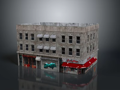 Urban Three Story Building With Gray Facade White Red Awnings Green Graffiti 3d model