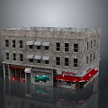Urban Three Story Building With Gray Facade White Red Awnings Green Graffiti