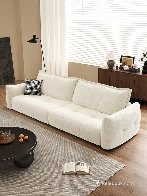 Plush White Sofa With Checkered Pillow And Black Coffee Table Set In Modern Living Room 3d model 