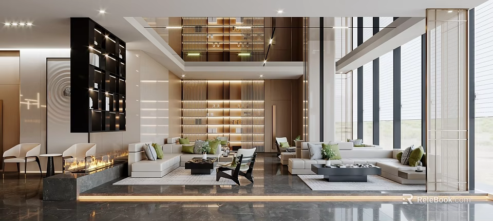 Modern Hotel Public Lounge With Sofas Coffee Tables Bookshelves And Floor To Ceiling Windows 3d model 