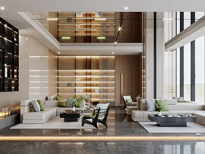 Modern Hotel Public Lounge With Sofas Coffee Tables Bookshelves And Floor To Ceiling Windows 3d model