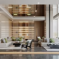 Modern Hotel Public Lounge With Sofas Coffee Tables Bookshelves And Floor To Ceiling Windows