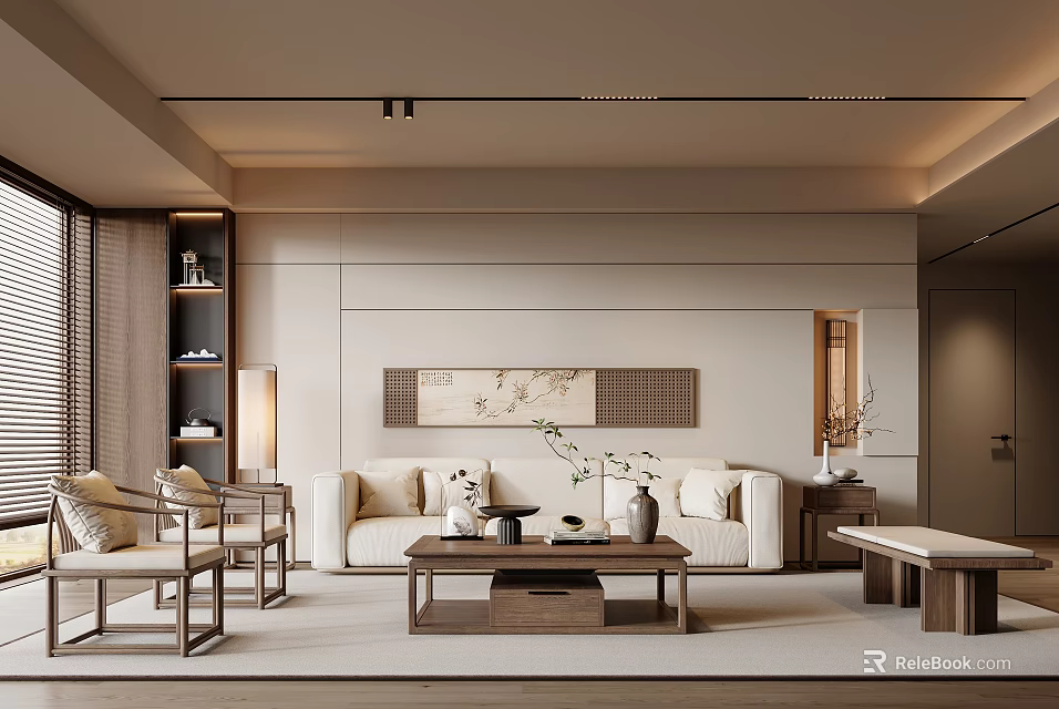 Modern Luxurious Living Room Interior Design With Beige Sofa Wooden Coffee Table And Art 3d model 