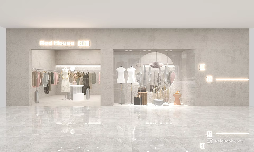 Bed House Modern Mall Store With Glass Window And Clothing Display Mannequins 3d model 