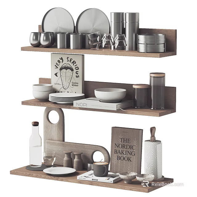 Nordic Style Tableware Set Display On Wooden Shelves 3d model 