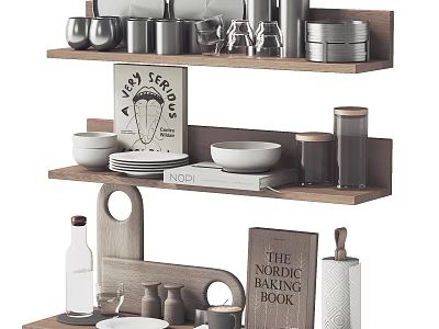 Nordic Style Tableware Set Display On Wooden Shelves 3d model
