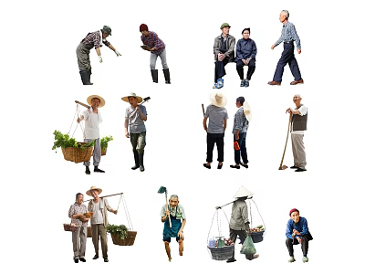 Group of Elderly People Engaged in Traditional Rural Activities With Baskets and Walking Sticks 3d model