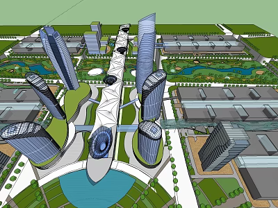 Modern Urban Landscape With Skyscrapers Green Parks And Water Features 3d model