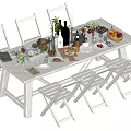 White Dining Table Set With Folding Chairs Food Utensils Wine Bottles And Fruits