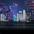 Cyberpunk Night Cityscape With Neon Lit Tall Buildings Mechanical Creature And White Robot 3d model