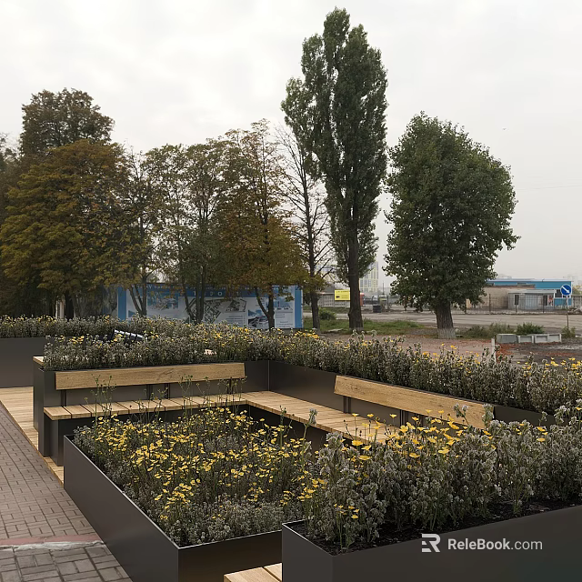 Outdoor Wooden Benches Surrounded by Colorful Flowers and Green Plants in Park Setting 3d model 