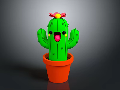 Cartoon Style Green Cactus Plant With Orange Pot Red Flower And Smiling Face 3d model