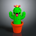 Cartoon Style Green Cactus Plant With Orange Pot Red Flower And Smiling Face