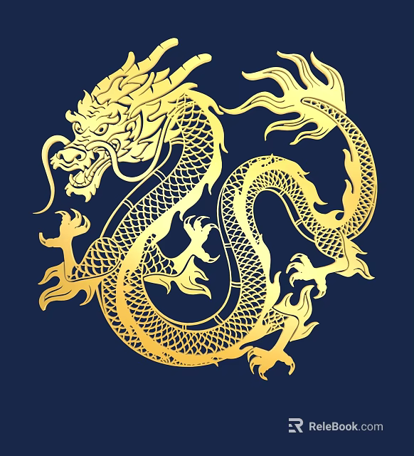 Artistic Golden Dragon Carving Design On Dark Blue Background With Intricate Patterns 3d model 