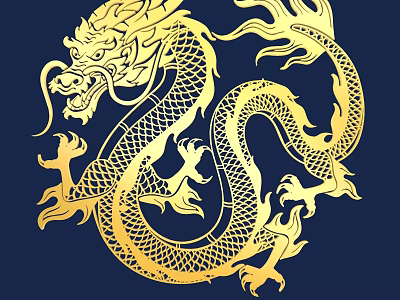 Artistic Golden Dragon Carving Design On Dark Blue Background With Intricate Patterns 3d model