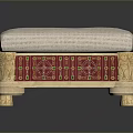 Traditional Decorative Stool With Beige Upholstered Seat Red Panels Green Patterns And Carved Legs