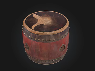 Traditional Red Wooden Drum With Leather Head And Metal Rivets 3d model