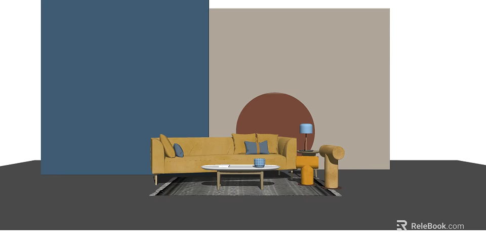 Yellow Multi Seater Sofa With Blue Cushions Brown Circular Decor And Gray Rug 3d model 