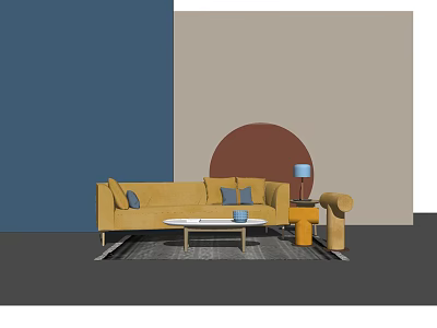Yellow Multi Seater Sofa With Blue Cushions Brown Circular Decor And Gray Rug 3d model
