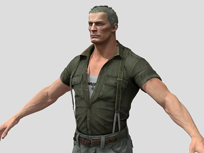 Muscular Man With Short Hair In Green Short Sleeve Shirt Suspenders Gray Pants Arms Outstretched 3d model