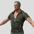 Muscular Man With Short Hair In Green Short Sleeve Shirt Suspenders Gray Pants Arms Outstretched