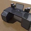 Black Functional Desk With Computer Monitor Speakers Control Panel And Wheels