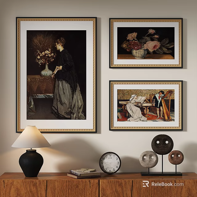 Three Framed Oil Paintings Hanging on Wall Featuring Woman Flower Bouquet and Figures in Room 3d model 