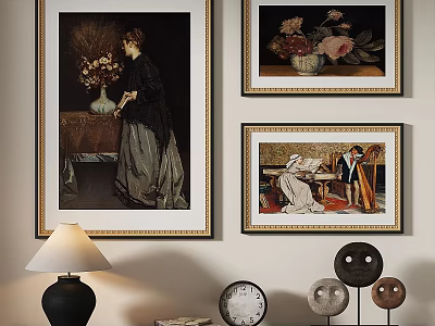 Three Framed Oil Paintings Hanging on Wall Featuring Woman Flower Bouquet and Figures in Room 3d model