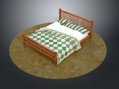 Wooden Bed Frame With Green And White Checkered Quilt And Pillows On Beige Carpet 3d model