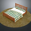 Wooden Bed Frame With Green And White Checkered Quilt And Pillows On Beige Carpet