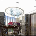 Elegant Clubhouse Interior With Round Dining Tables Chairs Crystal Chandelier Wine Racks And Marble Flooring