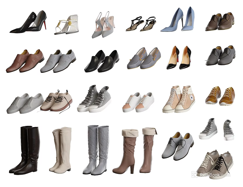 Trendy Different Types of Fashionable Shoes Including Heels Boots Sneakers And Flats 3d model 