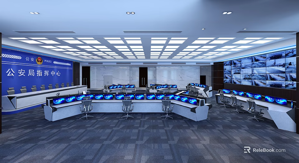Modern Control Room Interior With Multiple Monitoring Screens Control Consoles And Chairs 3d model 