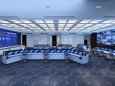 Modern Control Room Interior With Multiple Monitoring Screens Control Consoles And Chairs 3d model
