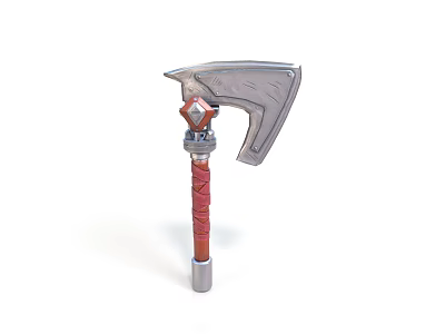 Silver Bladed Axe Weapon With Red Wrapped Handle And Decorative Gem 3d model