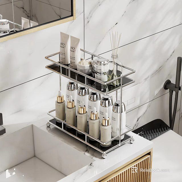 Bathroom Stainless Steel Shelf Organizing Skincare Products And Essential Oil Bottles On Countertop 3d model 