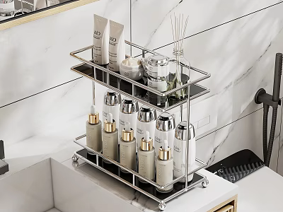 Bathroom Stainless Steel Shelf Organizing Skincare Products And Essential Oil Bottles On Countertop 3d model