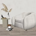White Curved Upholstered Single Sofa With Side Table Vase Plant On Wooden Floor Gray Wall