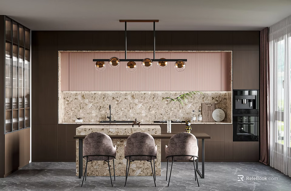 Modern Kitchen Interior With Marble Island Countertop Dark Wood Cabinets And Pendant Lighting 3d model 