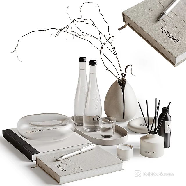 Minimalist Decorative Ornaments Set Featuring Vase Branches Aromatic Diffuser Candle Glass Tray and Book 3d model 