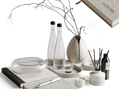 Minimalist Decorative Ornaments Set Featuring Vase Branches Aromatic Diffuser Candle Glass Tray and Book 3d model