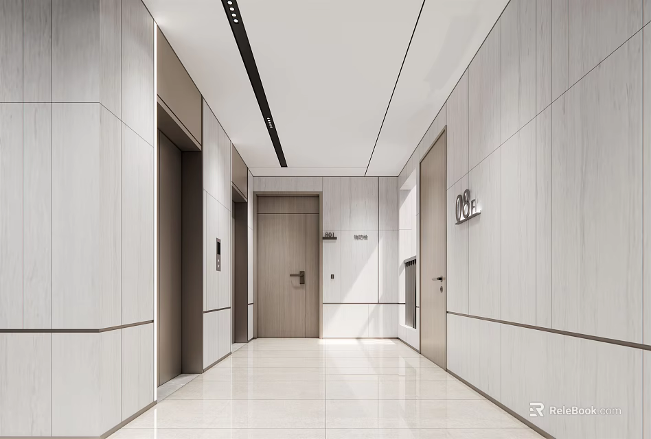 Modern Elevator Hallway Interior Design With Sleek Lines Ceiling Light Strips And Polished Floor Tiles 3d model
