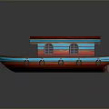 Colorful Small Wooden Water Transport Boat With Red Blue Cabin And Windows