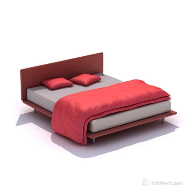 Double Bed with Brown Headboard Gray Mattress Red Blanket and Pillows 3d model 