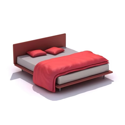 Double Bed with Brown Headboard Gray Mattress Red Blanket and Pillows 3d model