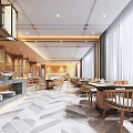 Modern Restaurant Interior With Marble Counter Wooden Elements Hanging Light Frames And Large Windows 3d model