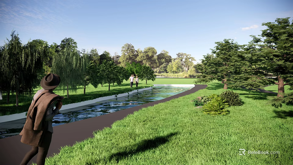 Scenic Park Landscape Featuring Green Lawn Trees Waterway People Walking And Blue Sky 3d model 